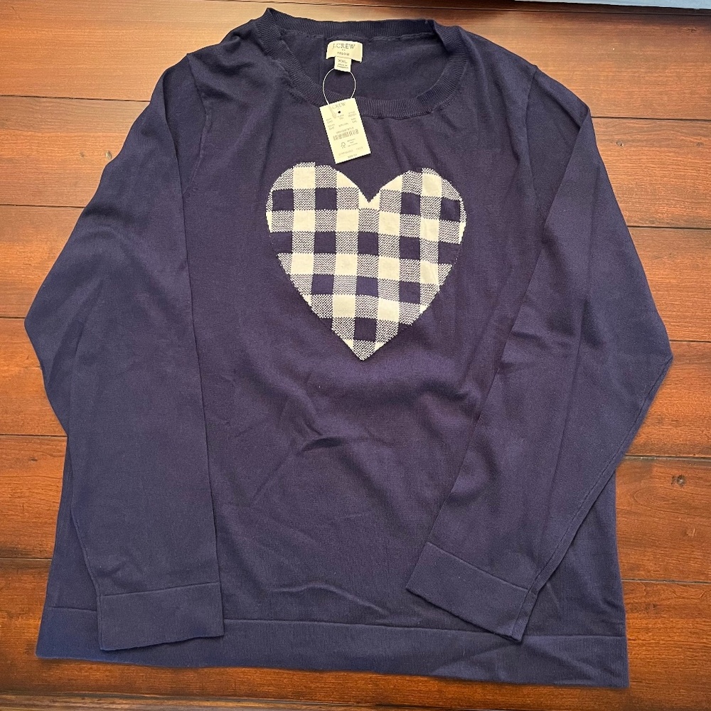 J.Crew Women's NWT Heart Teddie Sweater Blue Gingham Heart